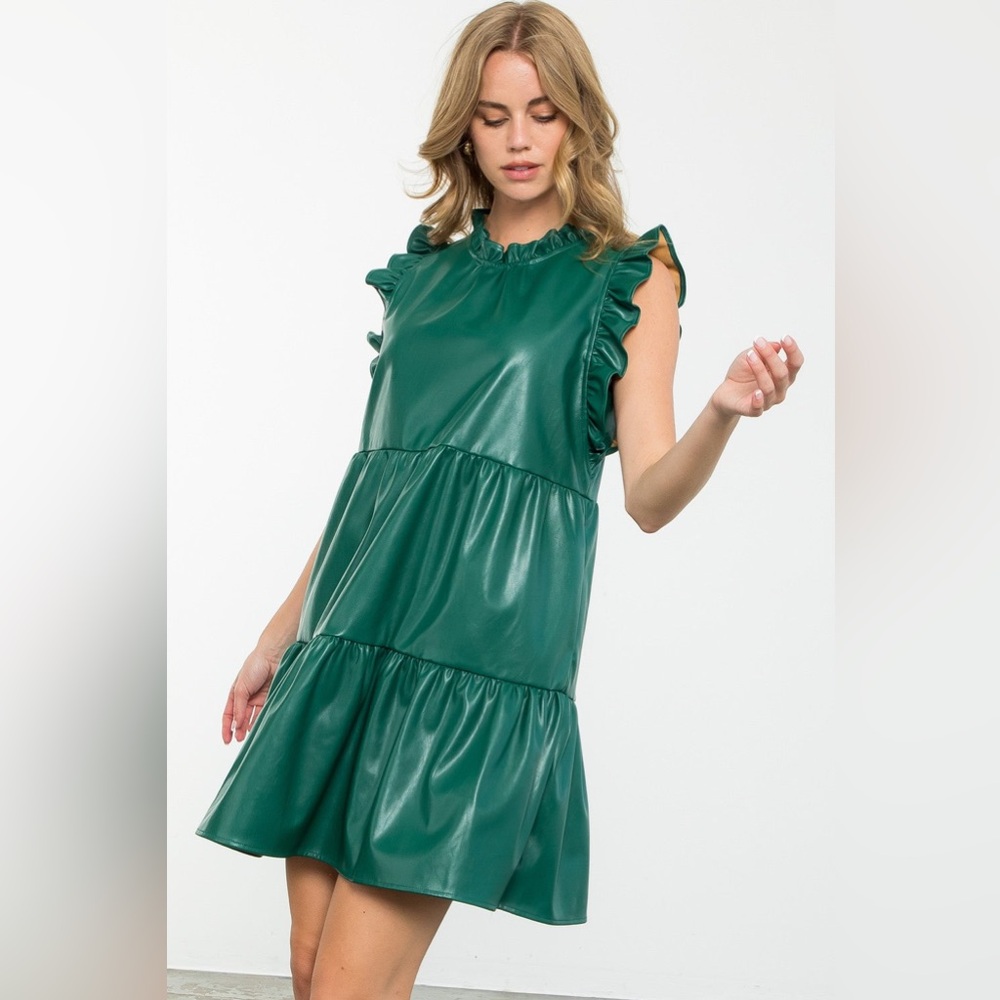 Green vegan leather tiered dress size XS - Picture 5 of 14